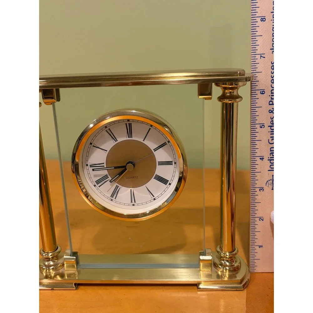 Vintage Gold Tone Floating Glass Mantel Clock Quartz Roman Numeral Desk Clock